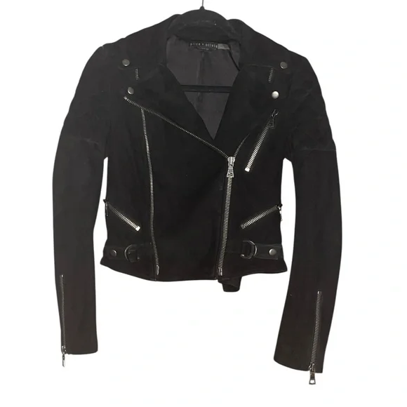 Alice + Olivia Miles Genuine Goat Suede Leather Quilted Zip Moto Jacket Black - Picture 1 of 10